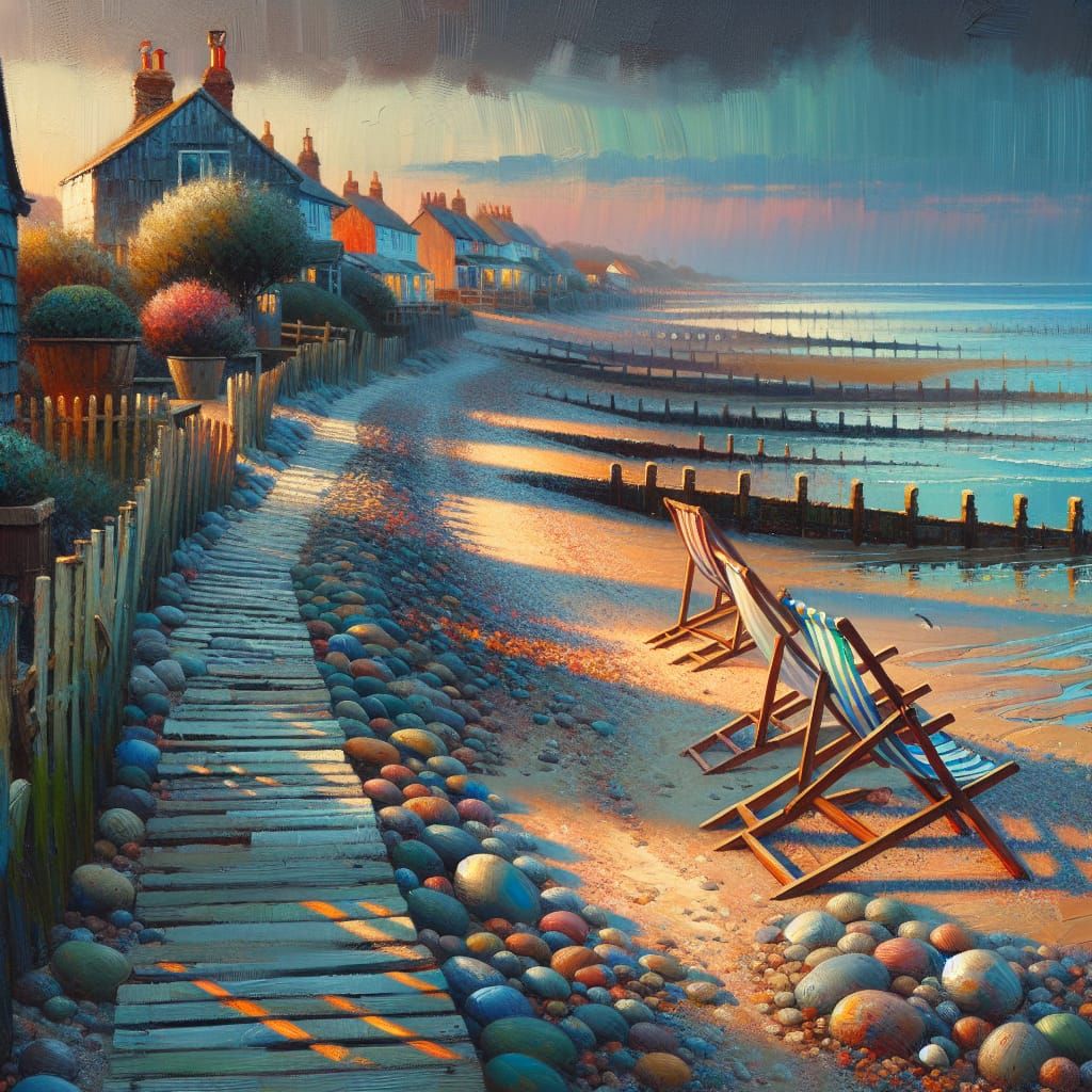Oil painting of a quiet, seaside village at low tide, winding pebble path leading down to the beach, to weathered wooden...