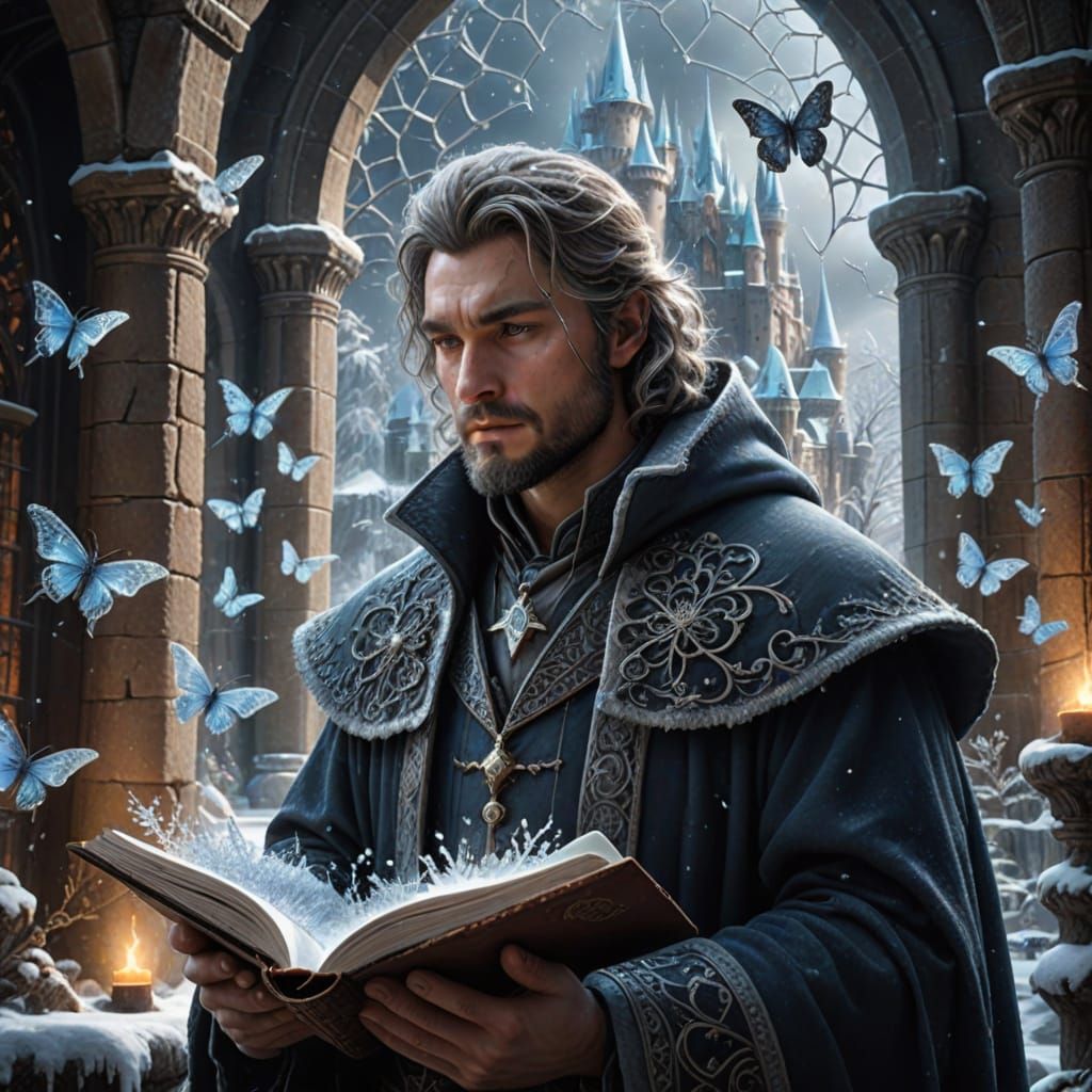 Mystical Wizard Reading Prophecies in Icy Winter Wonderland