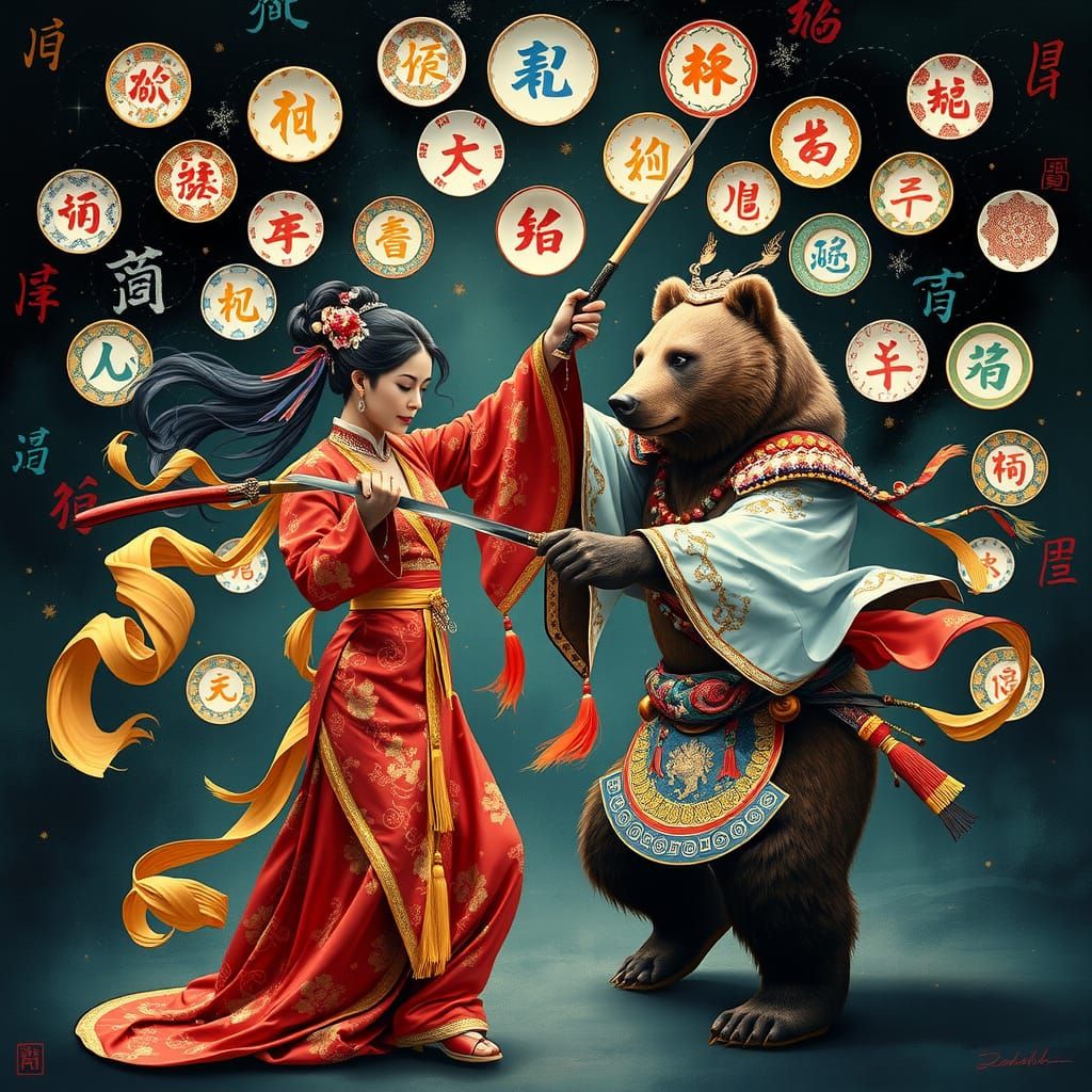 Majestic Chinese Lady and American Bear in Vibrant Sword Dan...