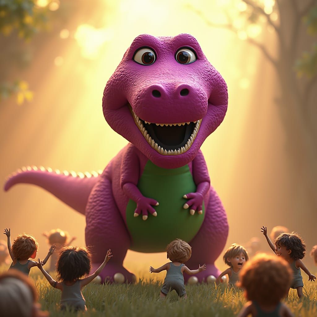 Terrifying Barney Dinosaur Looms Over Children in 3D Art