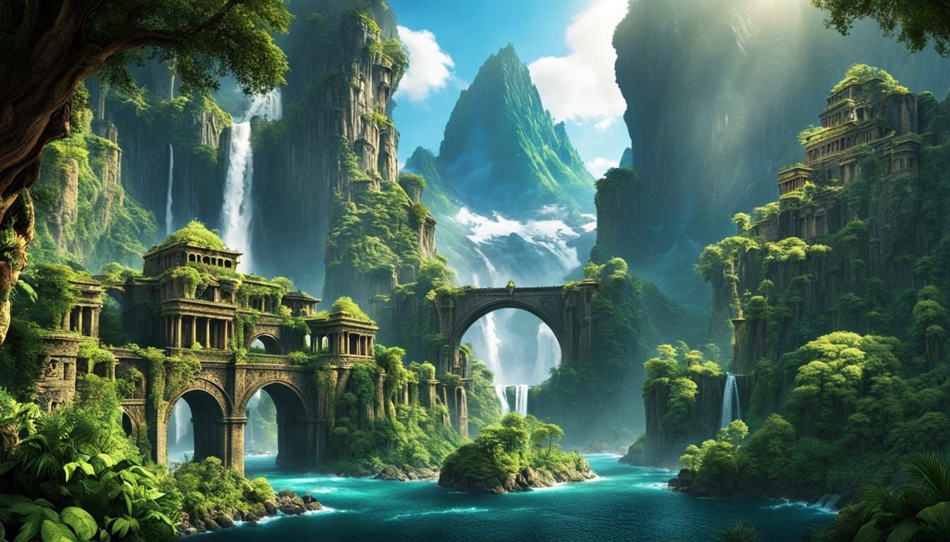 Floating Tropical Island Amidst Snowy Peaks as Digital Matte...