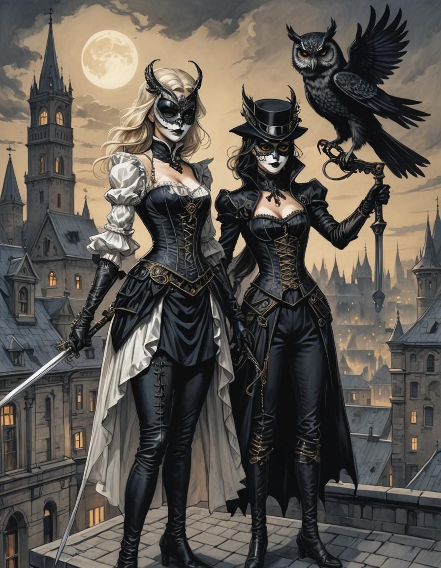 Elegant Ladies on Rooftop in Fantasy Color Sketch