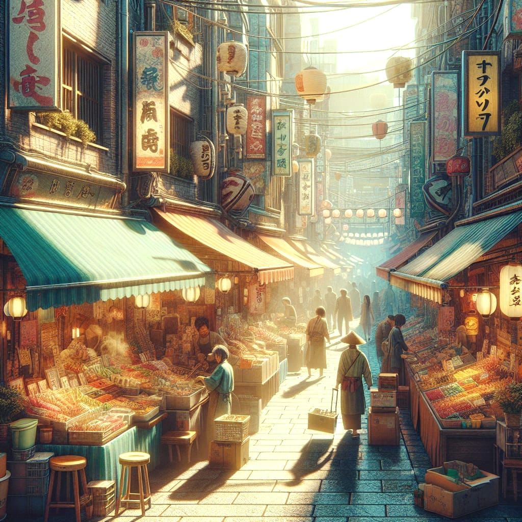 Vibrant Japanese Food Market on Sunny Day