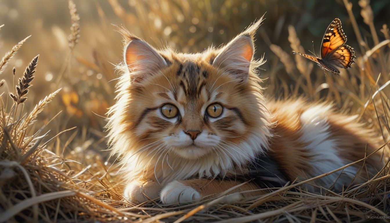 Calico Kitten Playing with Butterfly: Watercolor Art