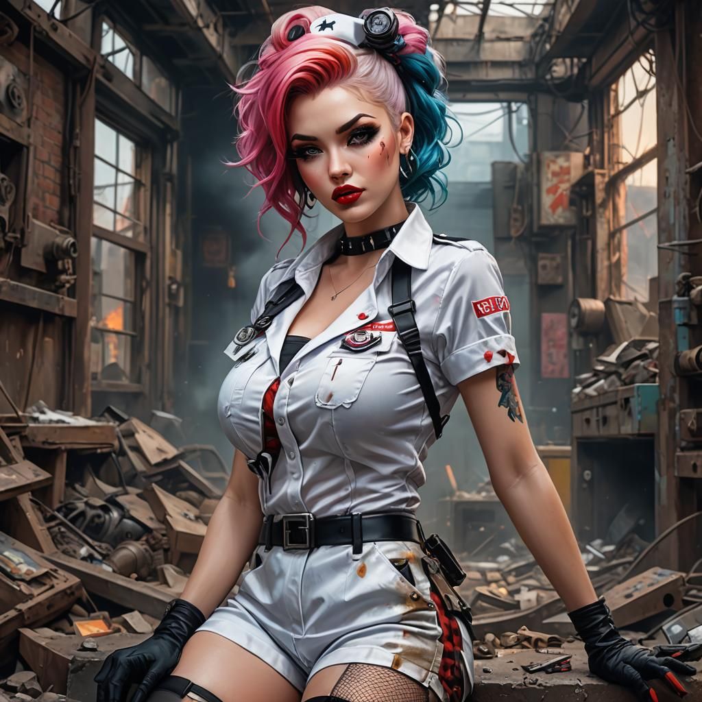Post-Apocalyptic Pinup Nurse in Acrylic Painting