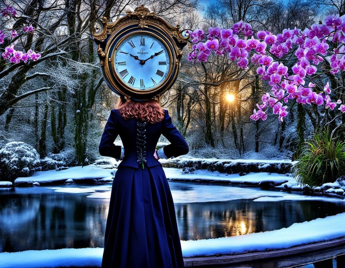 Girl with Antique Clock and Orchids