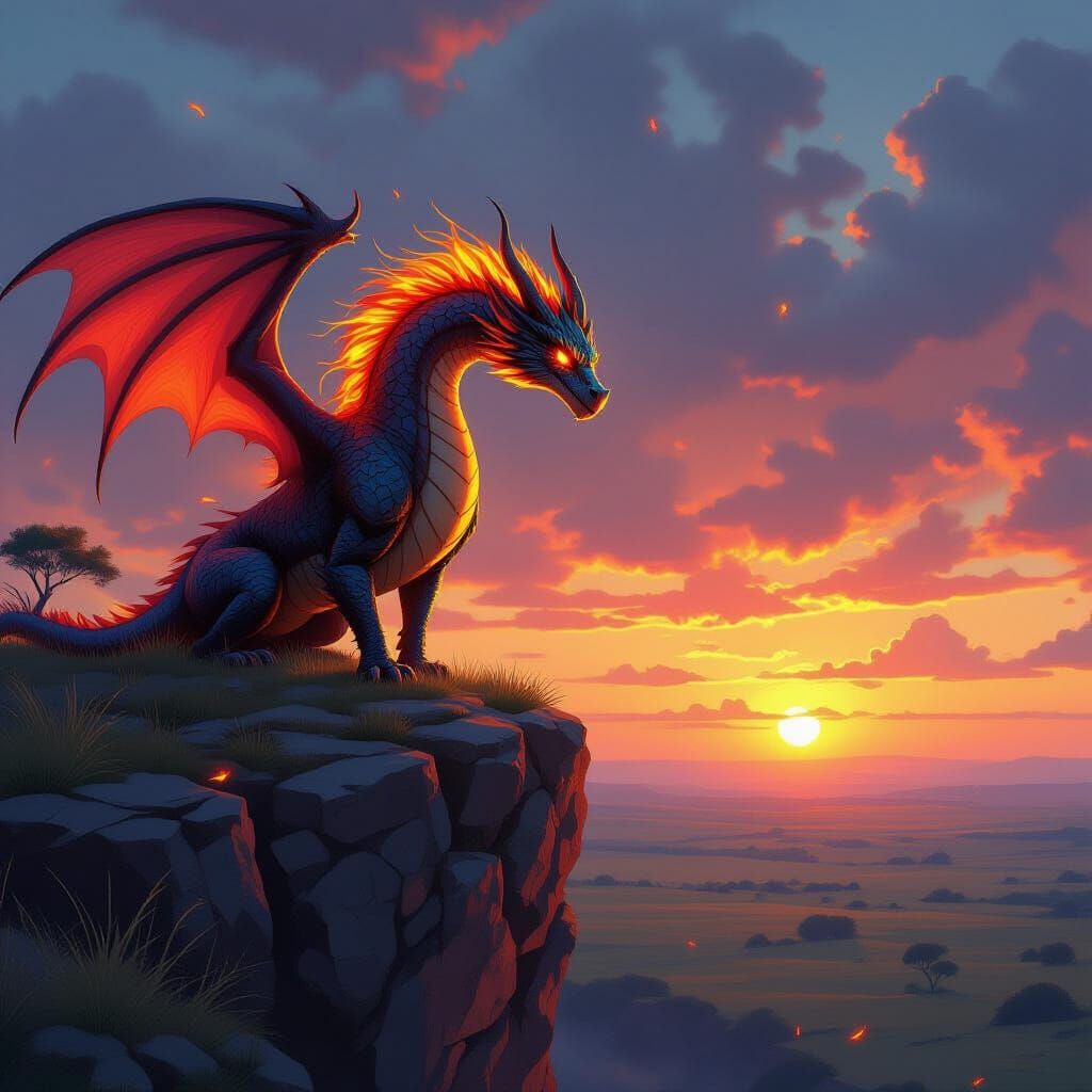 Dragon with Fiery Mane Overlooking Savanna Sunset