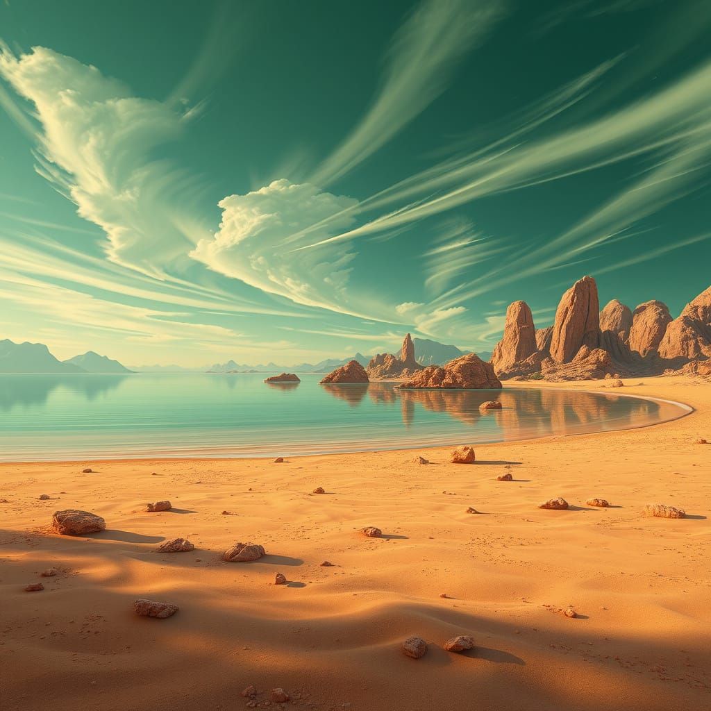 Alien Lakefront Landscape with Orange Rocks and Green Sky