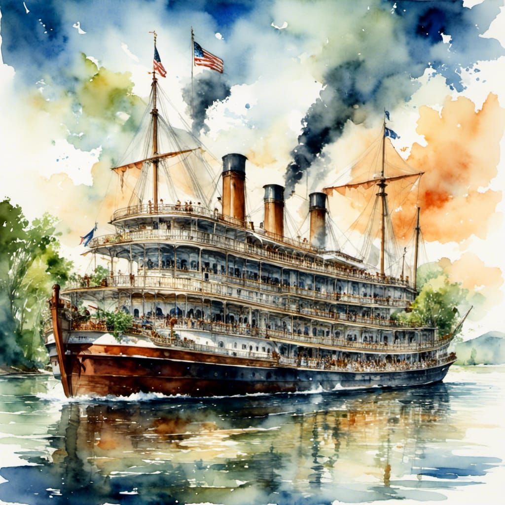 Mississippi Steamboat in Watercolor Style