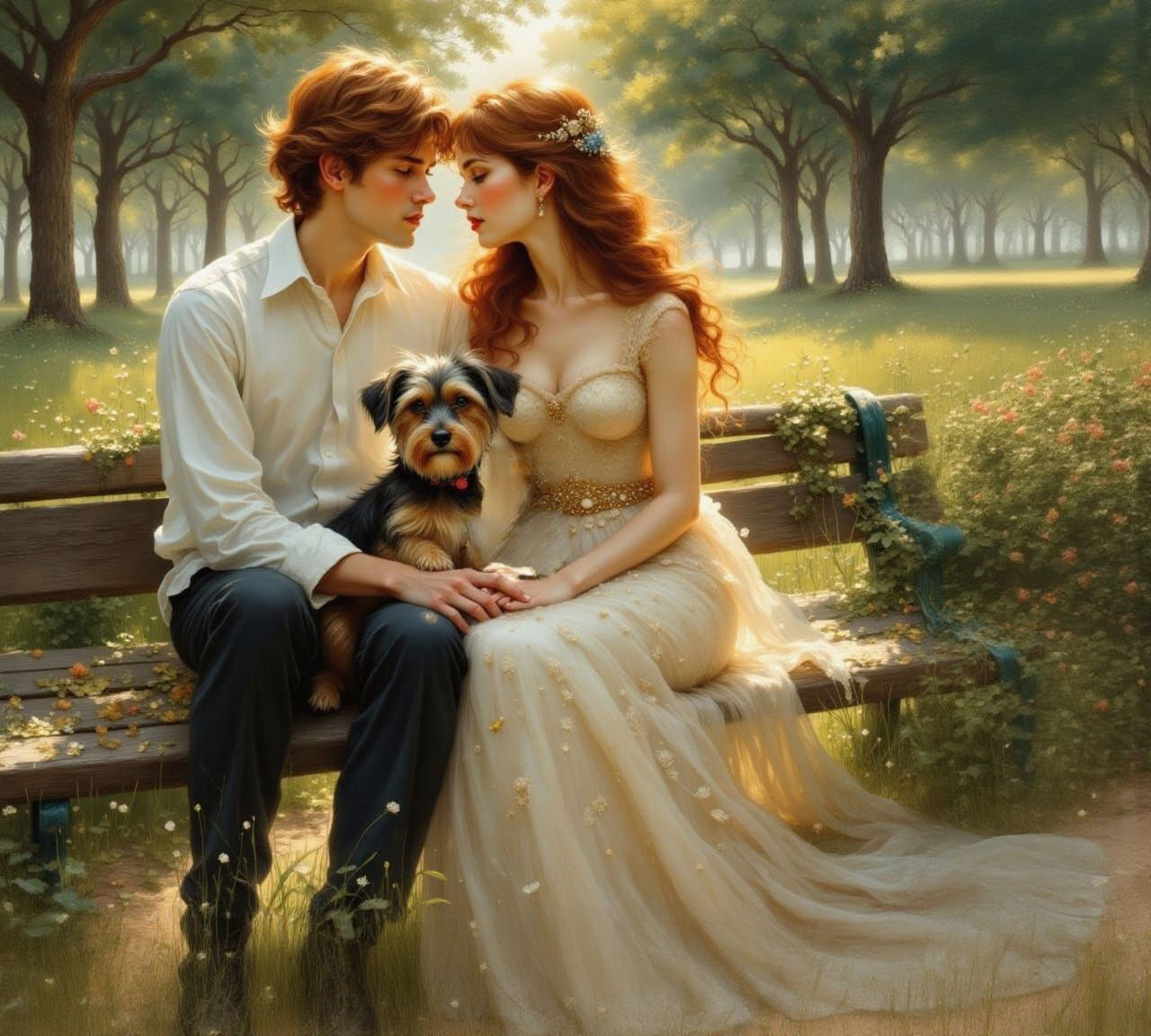 Romantic Couple in Ethereal Gouache Park Scene