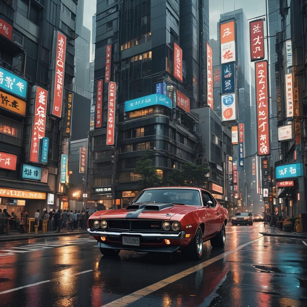 Muscle Car in Tokyo Street: Detailed Matte Painting