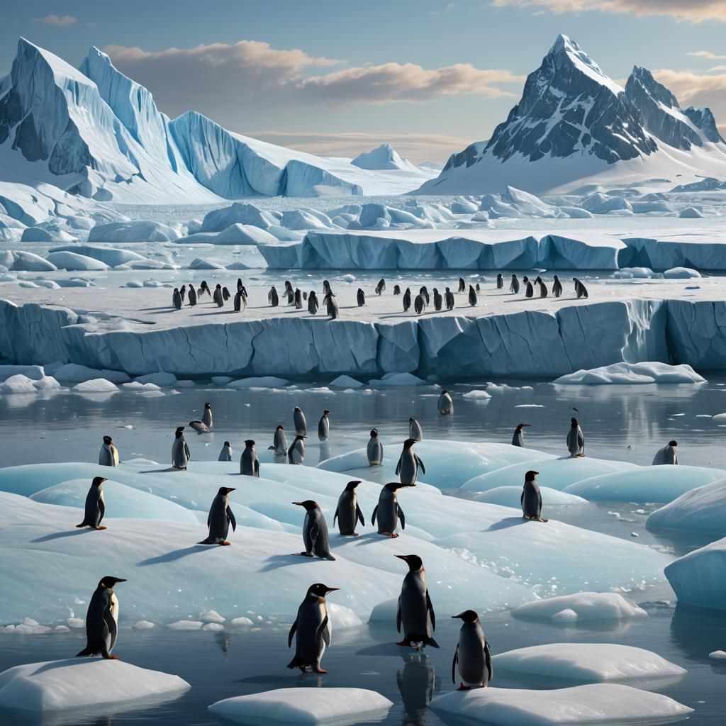 Blue Penguins on Icy Shores: Realistic Digital Art