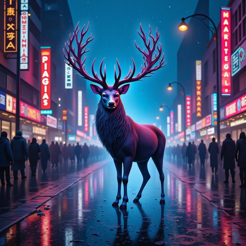 Majestic Stag in Neon City Street Twilight Oil Painting
