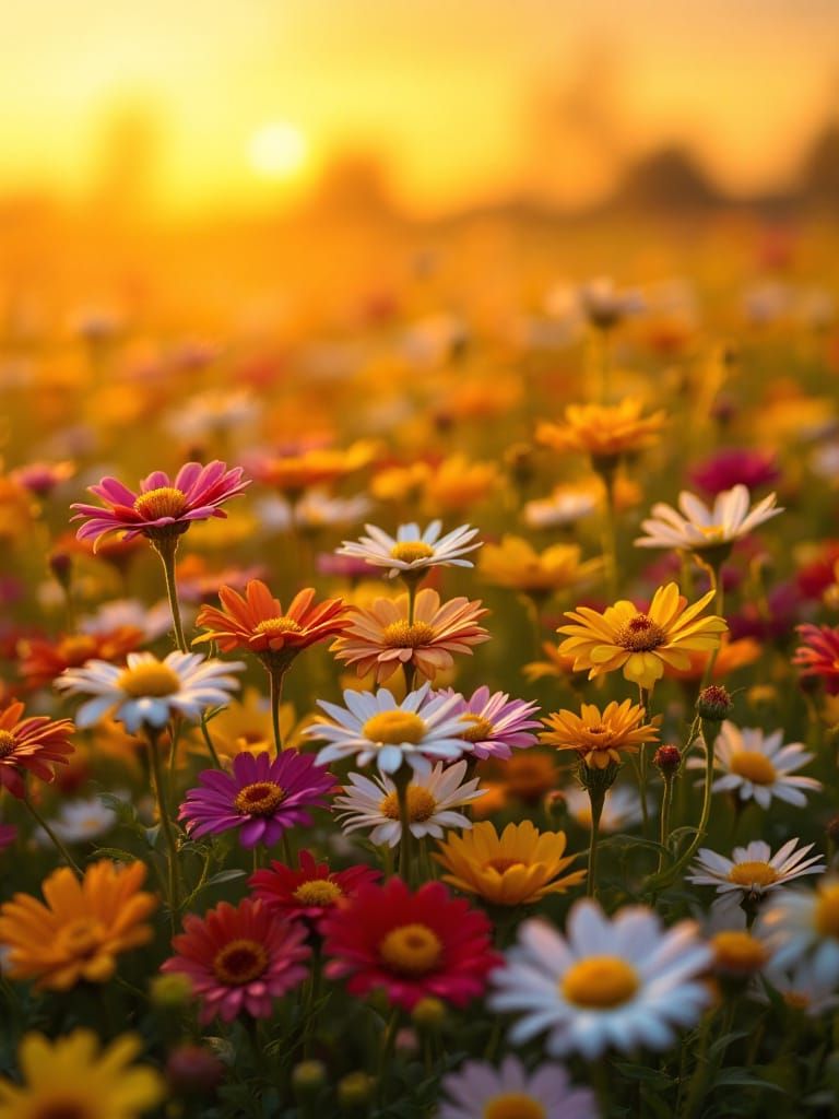 Colorful Daisy Field at Sunset