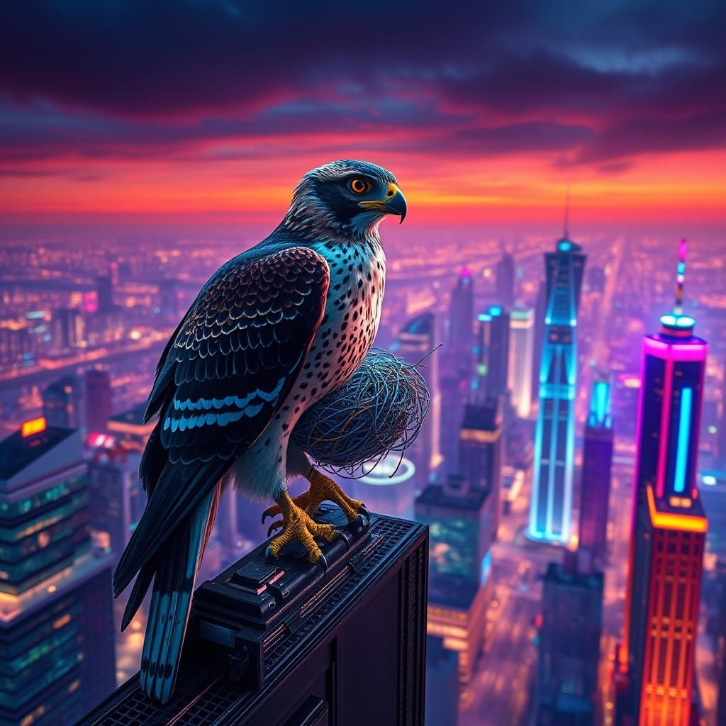 Peregrine Falcon Nesting in Cyberpunk Cityscape