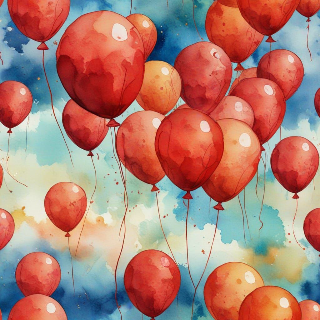Sky Full of Red Balloons: 1980s Watercolor Painting