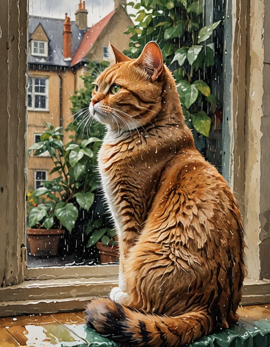 British Golden Cat Gazing Out Window, Gouache Style