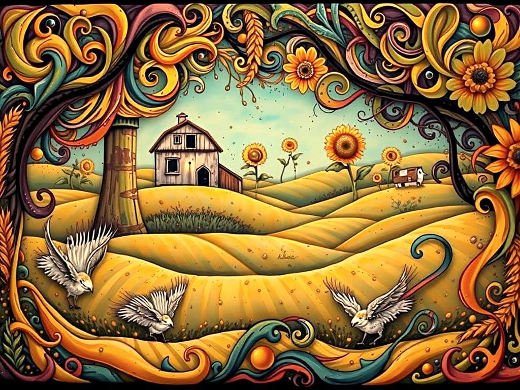 Graffiti Art Theatre Landscape with Wheat and Sunflowers
