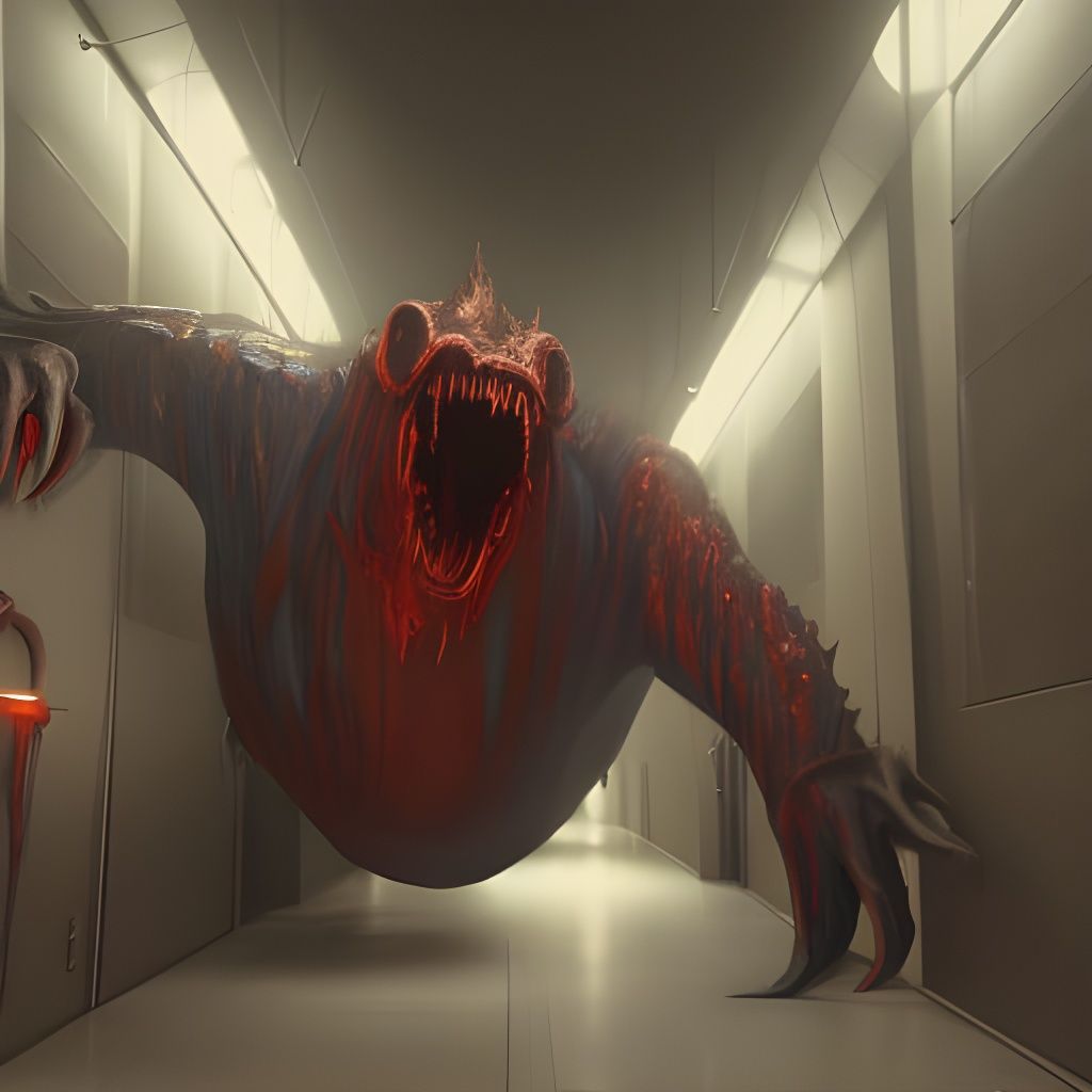 Amorphous Monster in Metal Corridor: Detailed Matte Painting