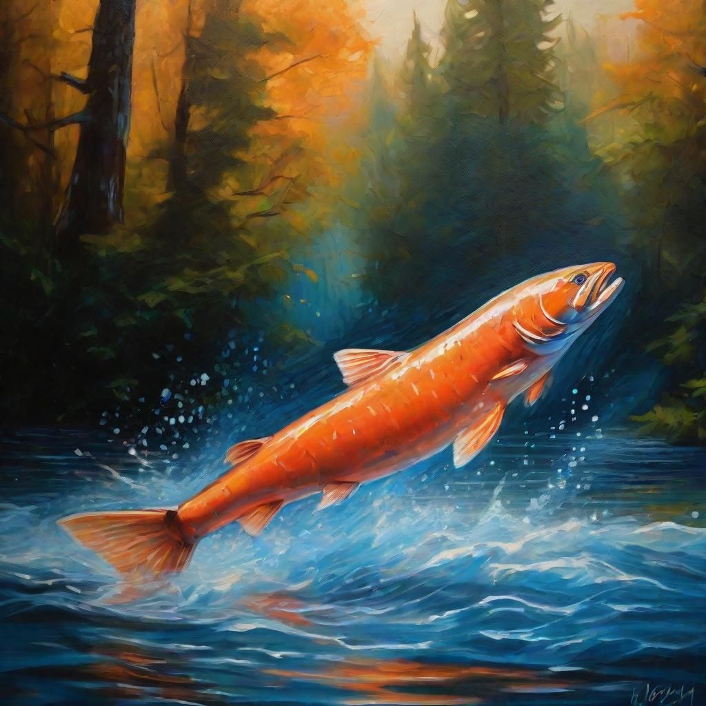 Salmon Leaping in Forest River, Impressionist Oil Painting