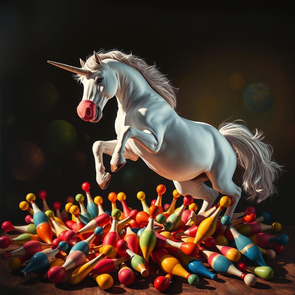 Surreal Airbrush Unicorn Fails Leap Amidst Juggling Pins