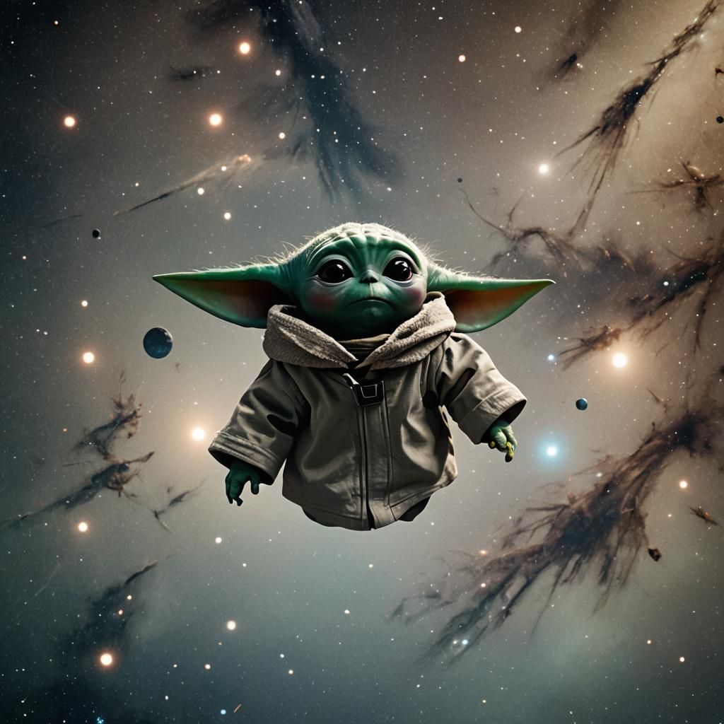 Baby Yoda on Orion Moon in Cinematic Sci-Fi Style