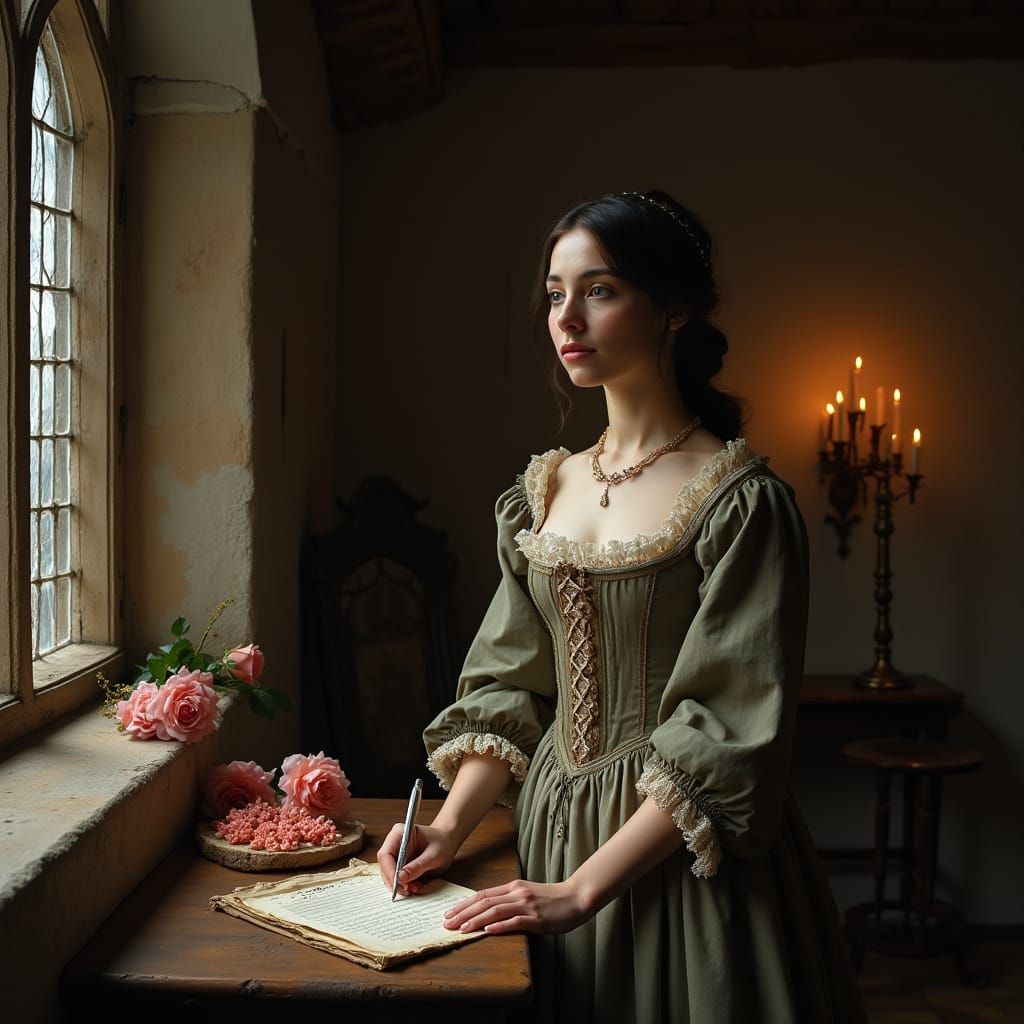 Contemplative Woman in Tudor Room, Vermeer Style