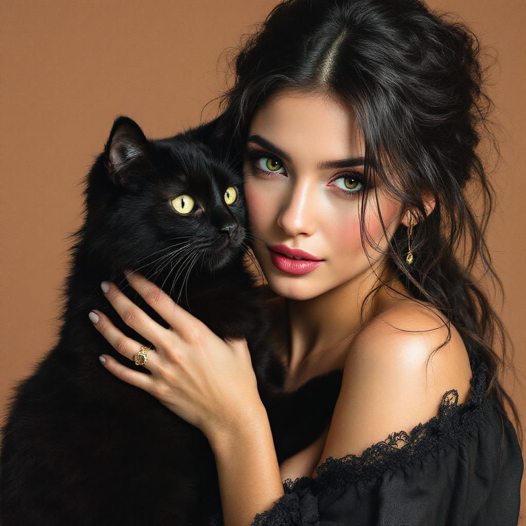Woman With Black Cat Portrait