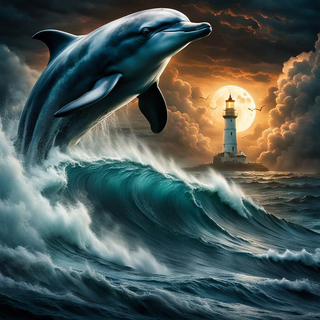 Celestial Dolphin Breaching During Tempest, Digital Art