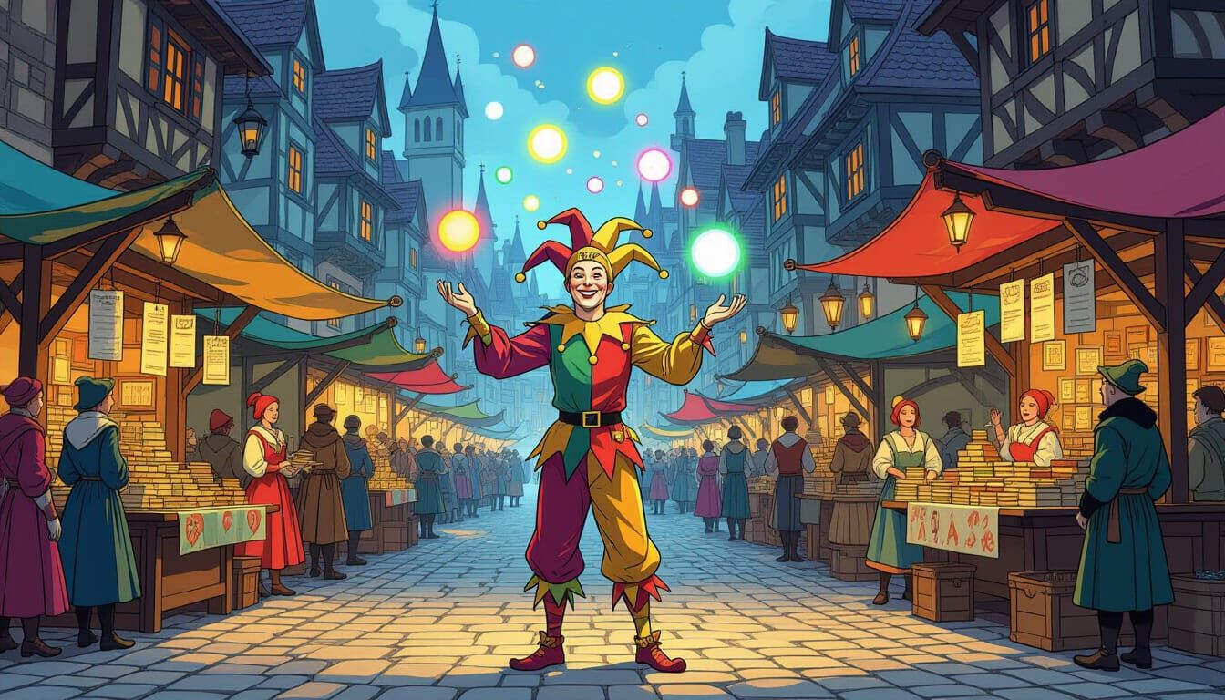 Medieval Marketplace Jester Juggling Luminous Orbs