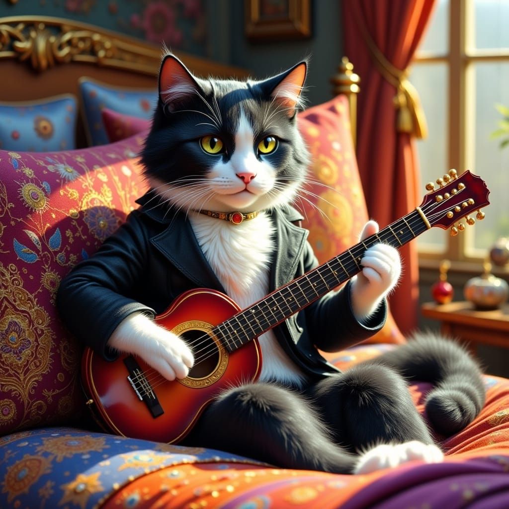 Anthropomorphic Cat Plays Guitar in a Vibrant Bedroom