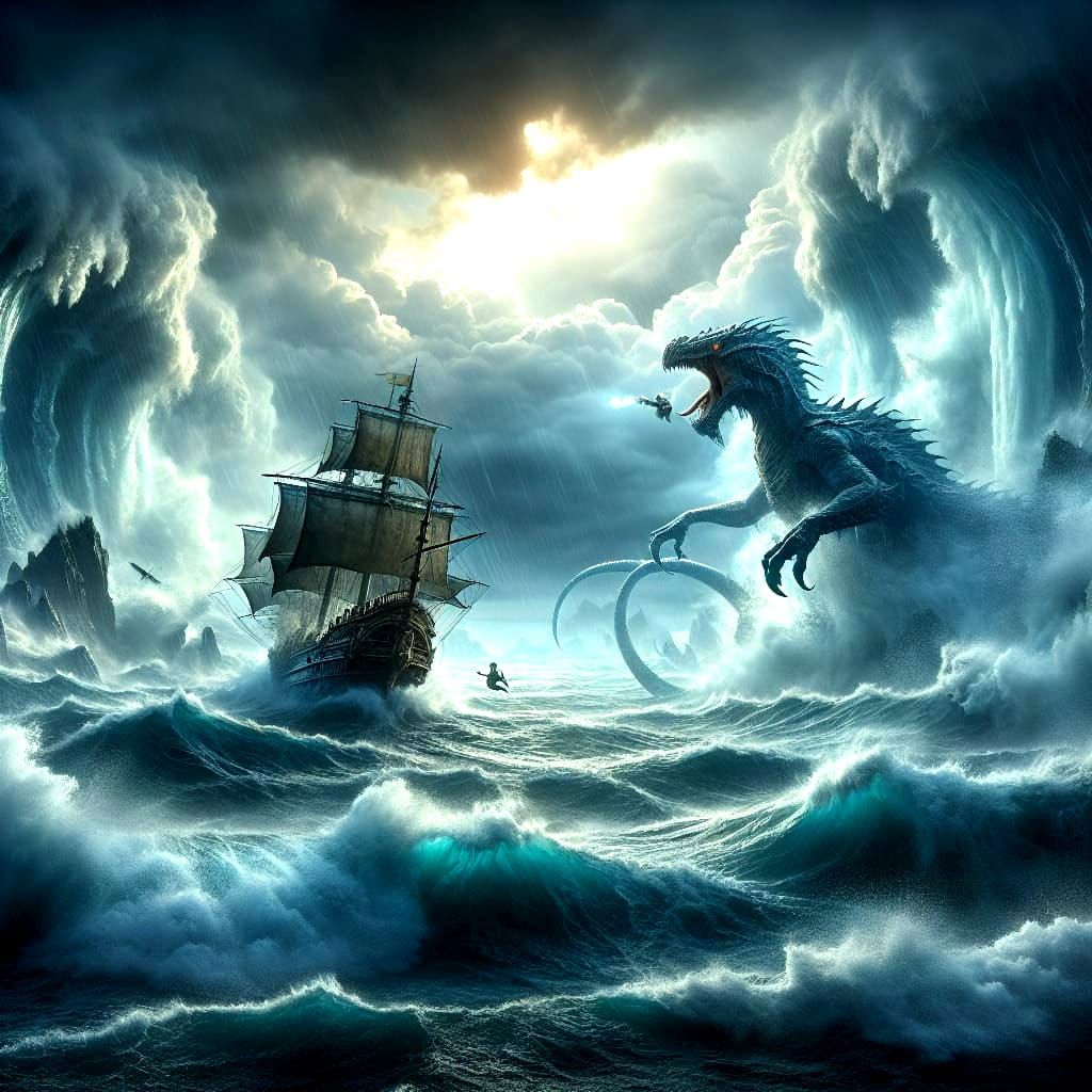 Epic Fantasy Storm: Ship vs. Mosasaur-Seal Hybrid