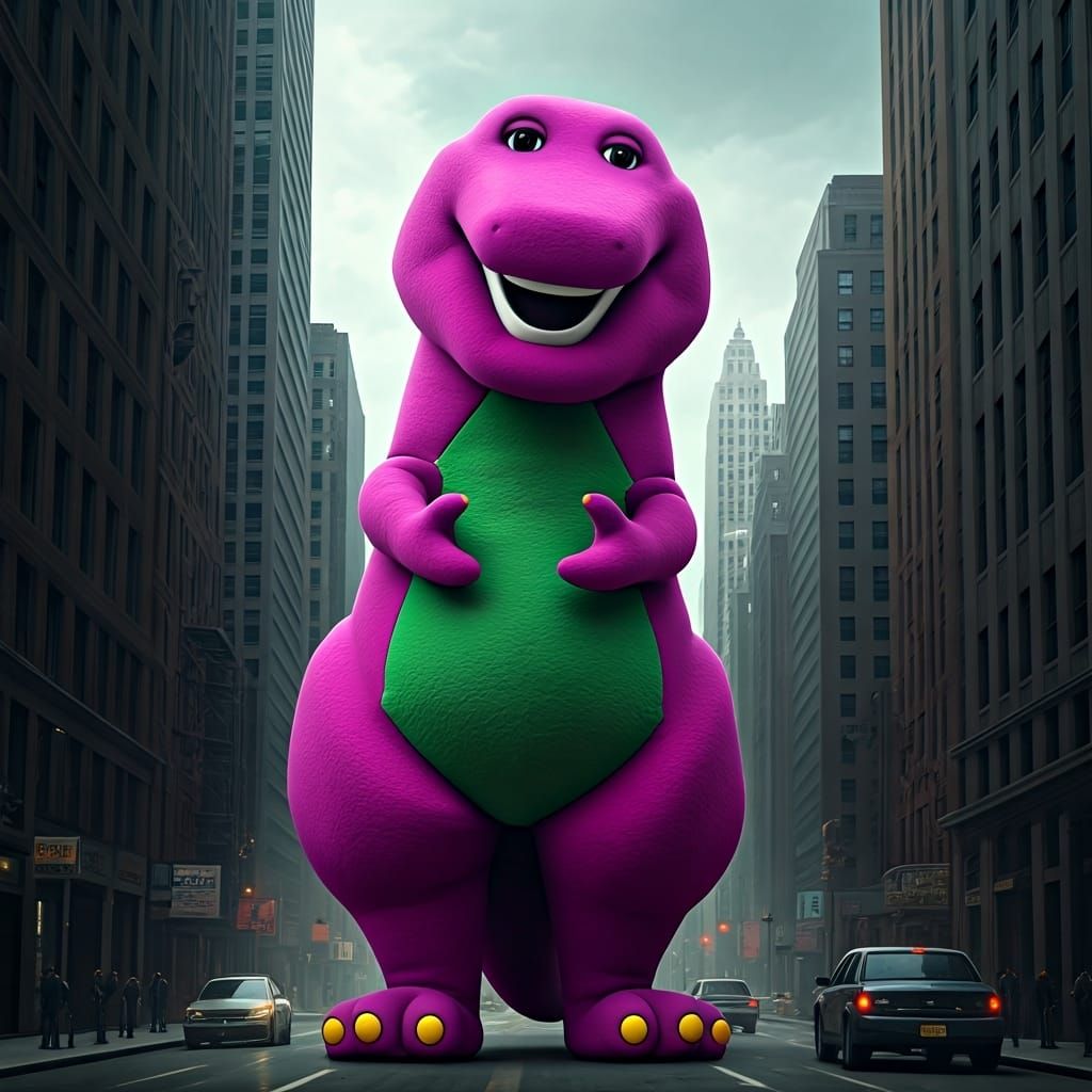 Giant Barney Dinosaur Rampages Through City in Monster Movie...