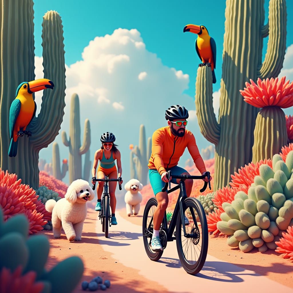 Photographer and Cyclist in Dreamlike Landscape