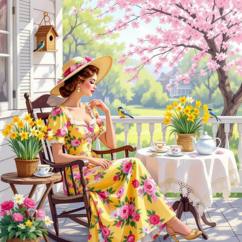 Woman in Flora Dress on Southern Porch with Daffodils