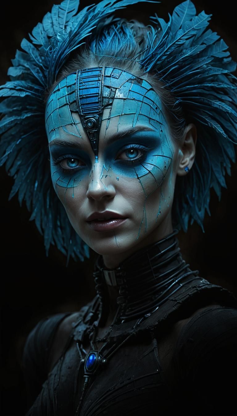 Cyborg Goddess Amidst Jungle Oasis, in a Moody Art Brut Styl...