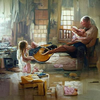 Father's Serenade: Guitar Music for Daughter, Oil Painting