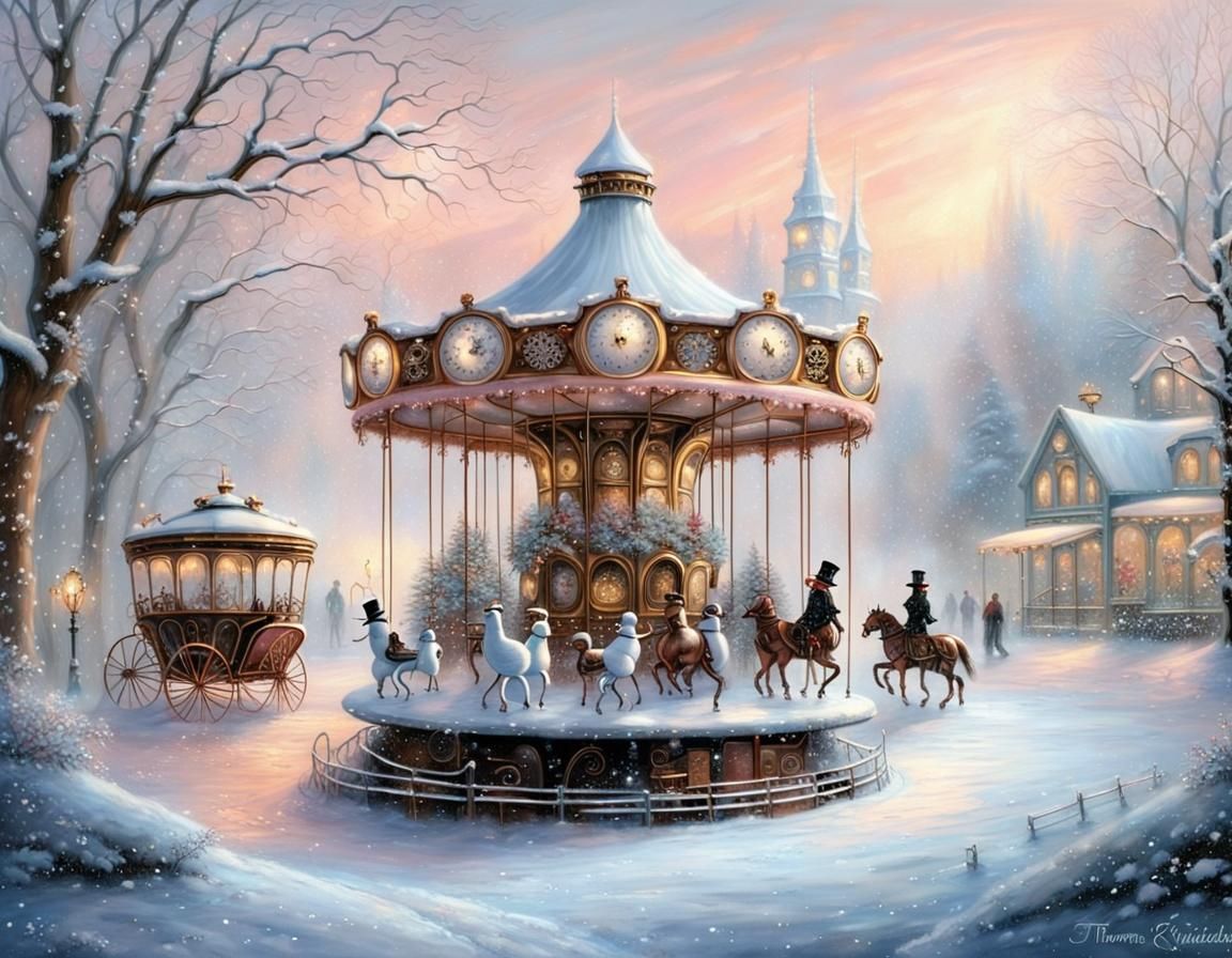 Steampunk Carousel in Winter Wonderland, Kinkade Style