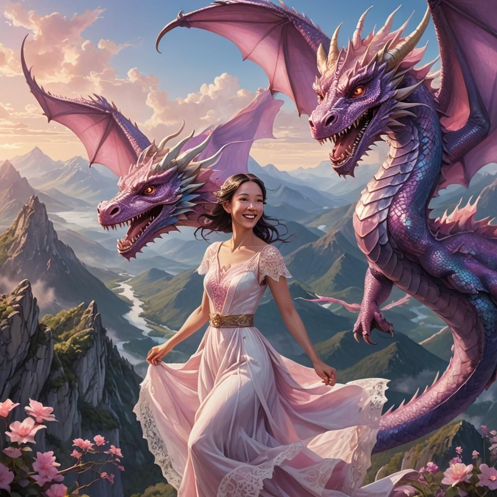 Pink and Purple Dragon Soaring in Watercolor Dreamscape