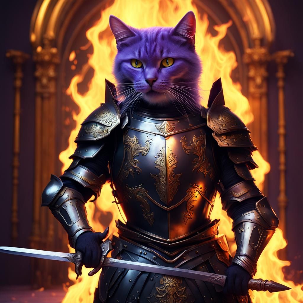 Armored Cat Warrior with Flaming Sword