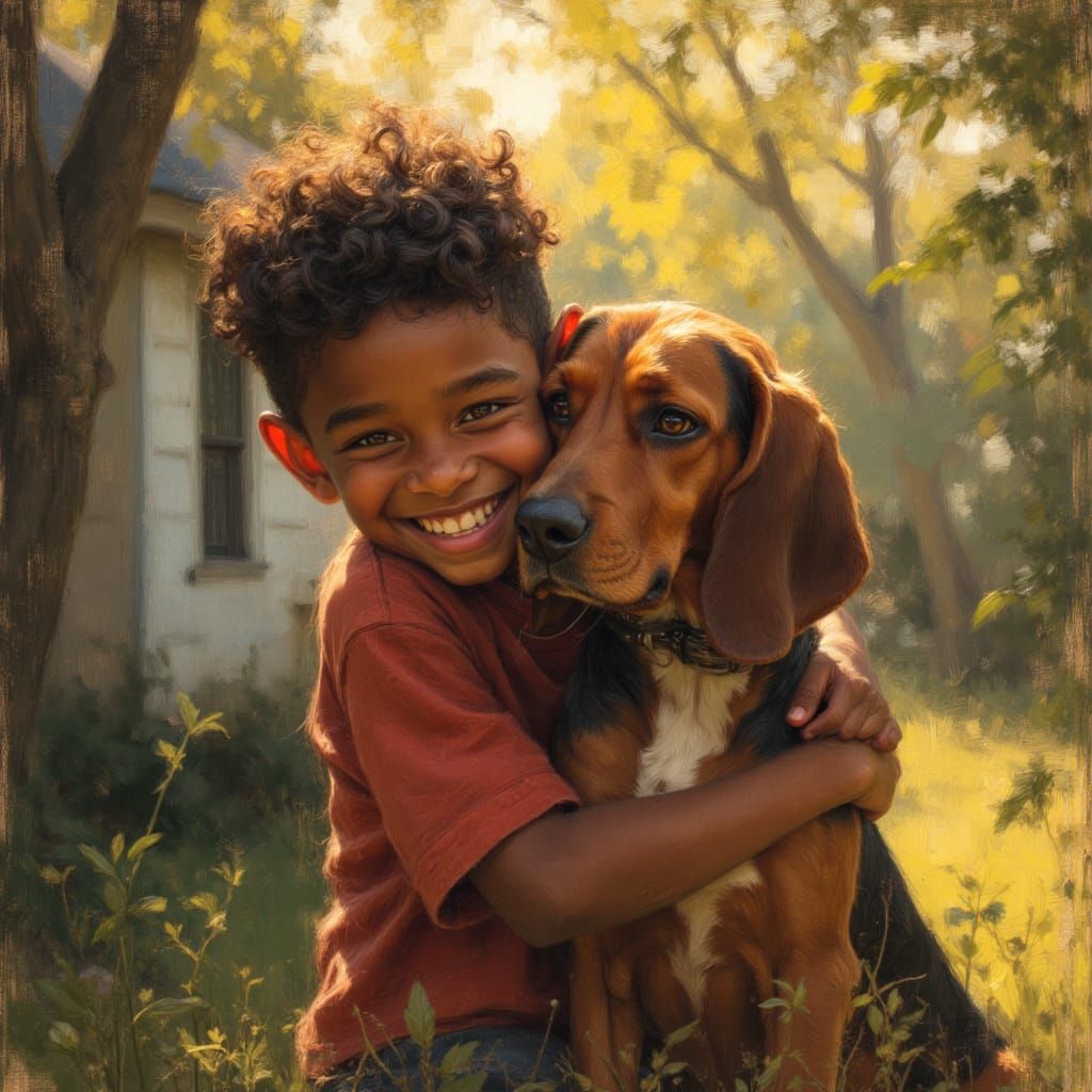 African American Boy Hugs Basset Hound in Golden Hour