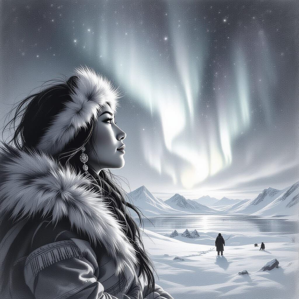 Eskimo Warrior Woman Under Northern Lights Pencil Drawing