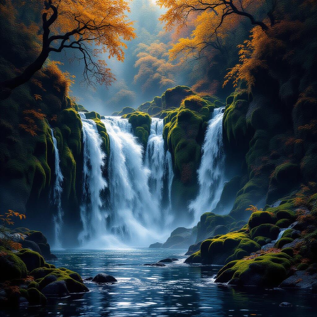 Dark Fantasy Autumn Waterfalls in Volumetric Light