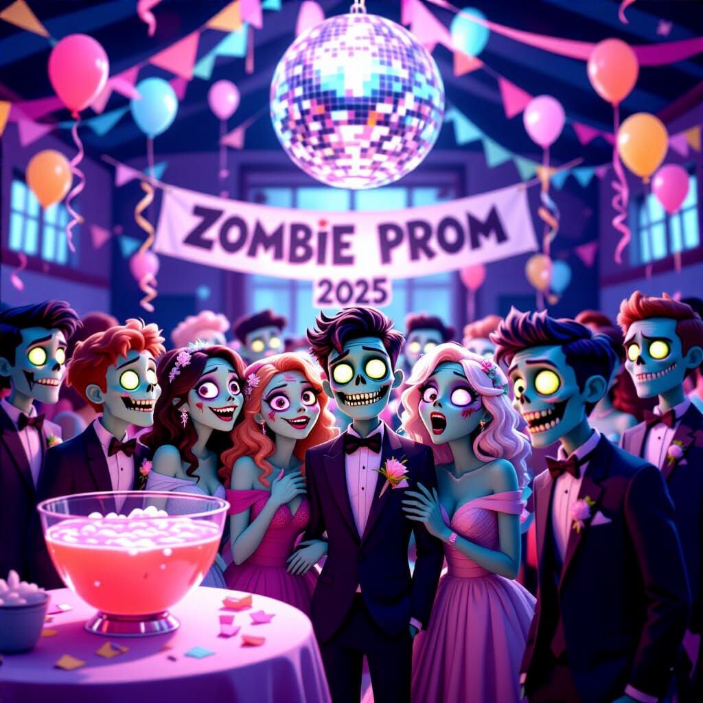 Zombie Prom Night in Pastel 3D Illustration Style
