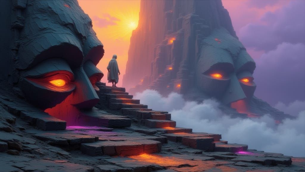 Alien Ascends Surreal Desert Mountain of Ancient Gods