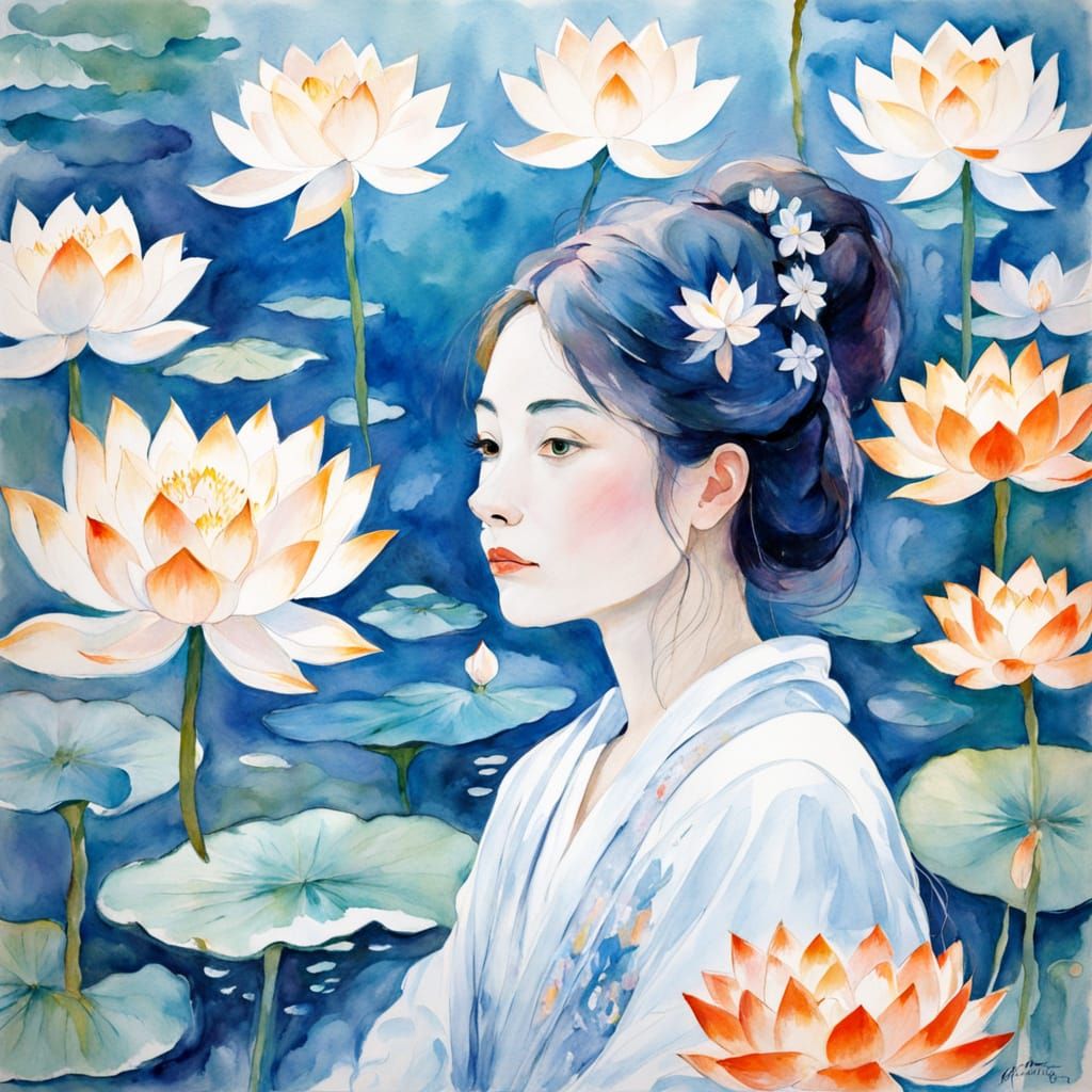 Ethereal Woman on a Lotus, Surrounded by Koi in Soft Waterco...