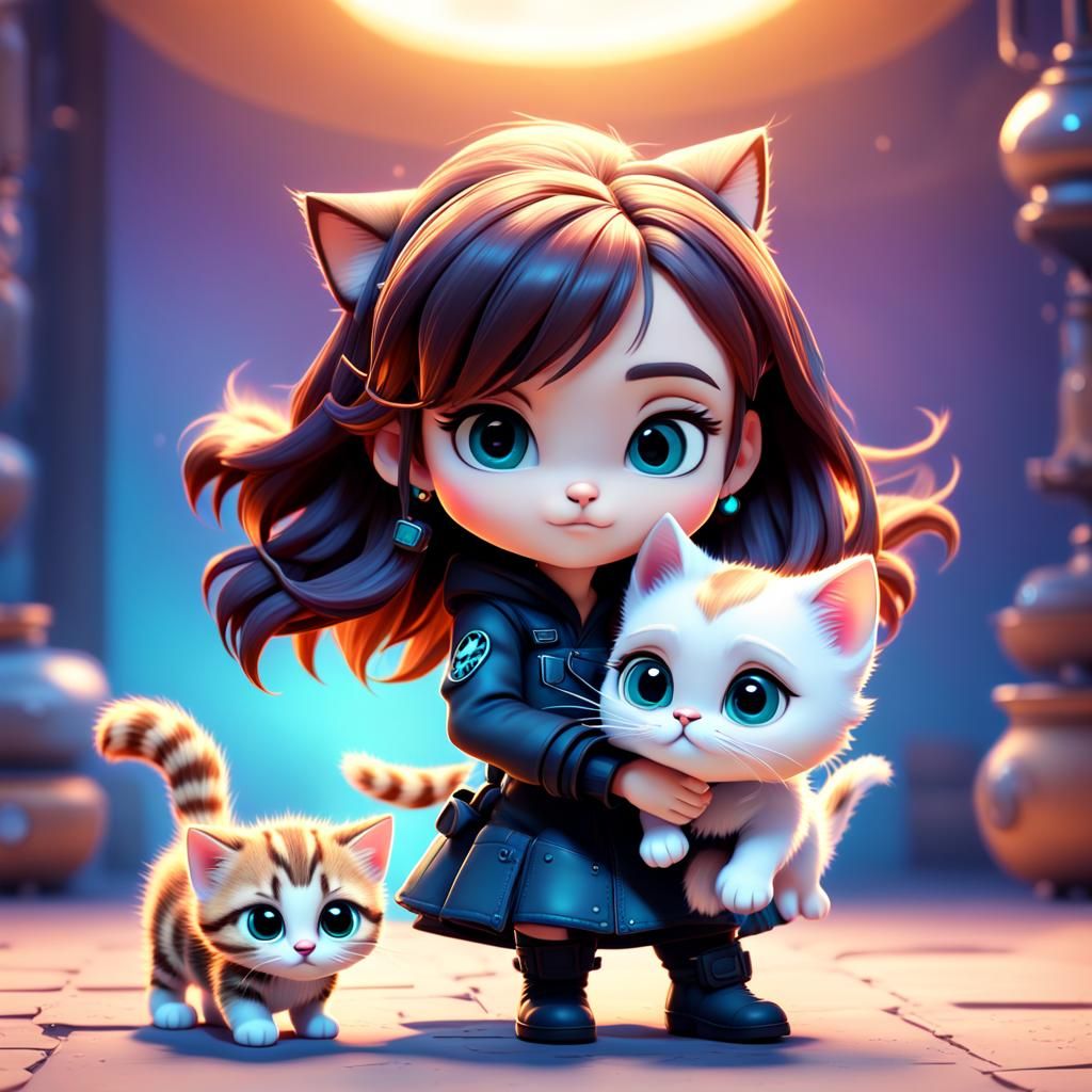 Cute Chibi Girl with Kitten: Pixar-Style 3D Art