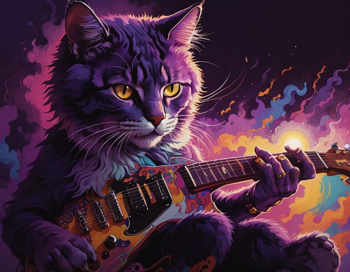 Psychedelic Cat Guitarist in Pop Art Style