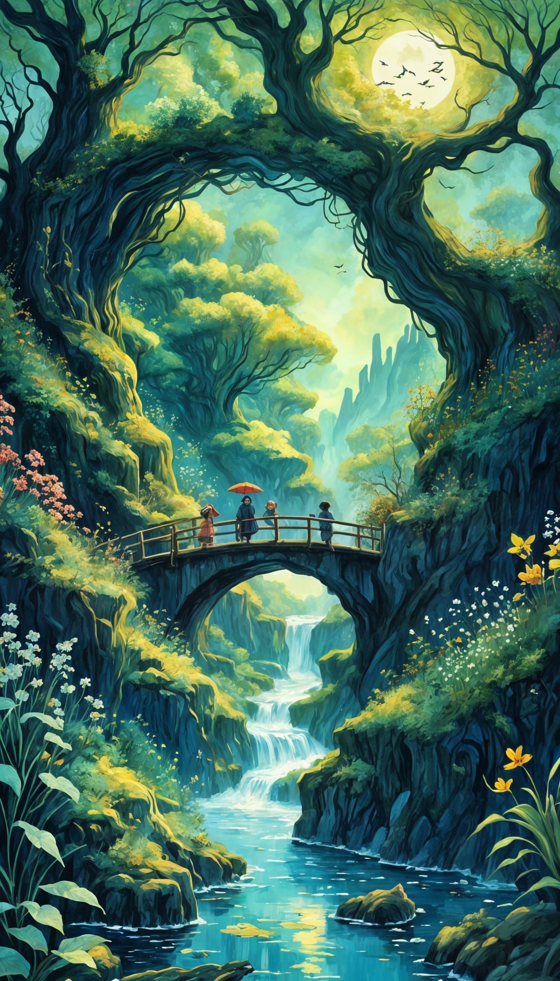 Whimsical Sci-Fi Fantasy Fairytale Waterfall Illustration