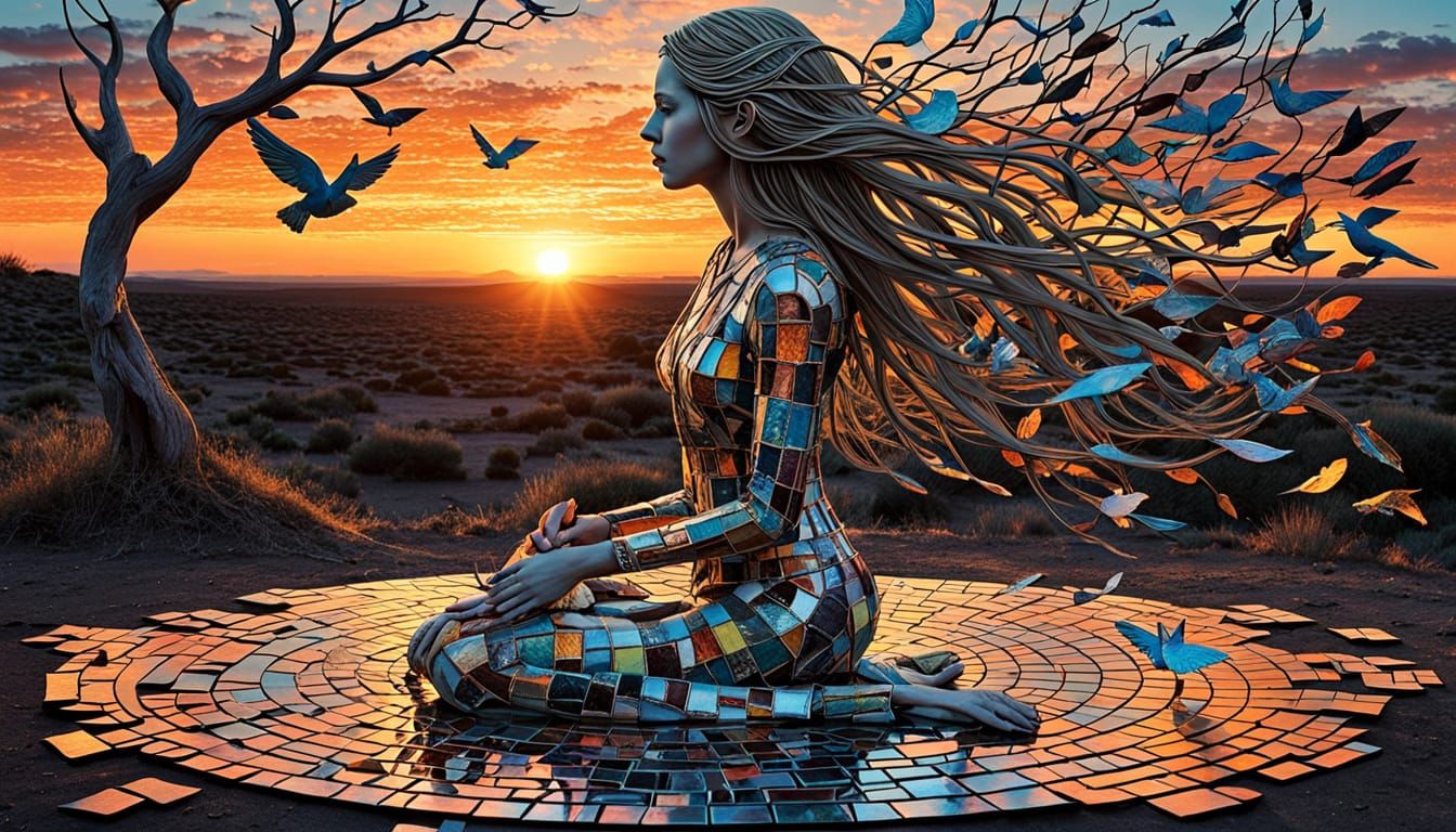 Angel Screaming Amidst Shattered Mirrors in Surreal Labyrint...